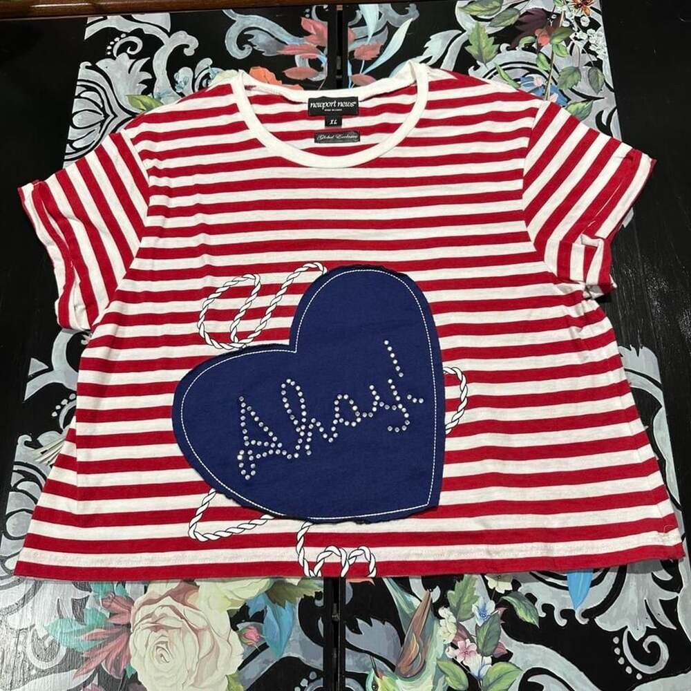 Newport News Ahoy Red and White Striped Heart Graphic Tee XL